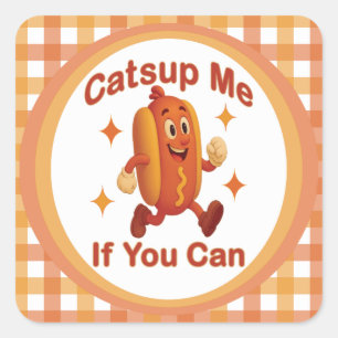 Catsup me if you can Funny Hot Dog - Ketchup Puff Quadratischer Aufkleber