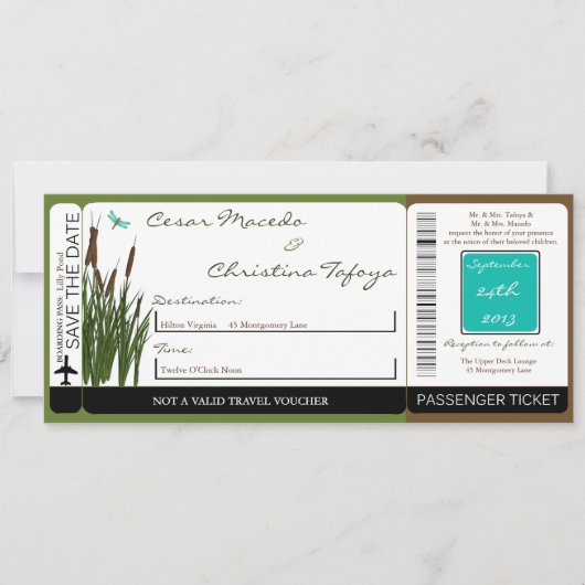 Cattail/Dragonfly Boarding Pass Wedding Invitation Einladung (Vorderseite)