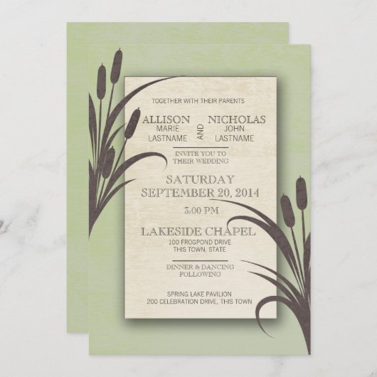 Cattails Grüner See Hochzeit Einladung (Vorne/Hinten)