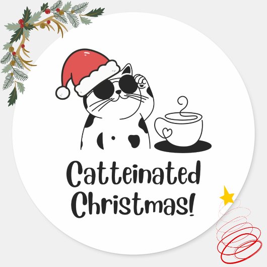 Catteinated Christmas Coffee and Cat Lover Holiday Runder Aufkleber