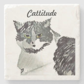 Cattitude Schwarz-Weiß-Katze Steinuntersetzer (Vorderseite)