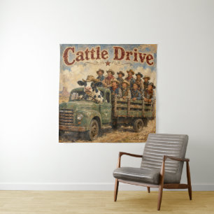 Cattle Drive Cartoon – Kuh fährt Cowboys Wandteppich