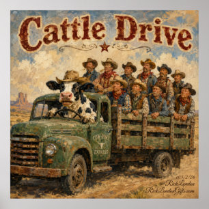 Cattle Drive Cartoon – Kuh lenkt Cowboys Poster