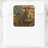 Cattleman auf einem Pferd mit amerikanischer Flagg Quadratischer Aufkleber (Tasche)