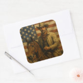 Cattleman auf einem Pferd mit amerikanischer Flagg Quadratischer Aufkleber (Umschlag)