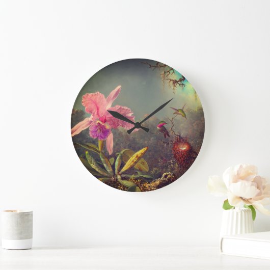 Cattleya Orchid und Three Hummingbirds Heade Große Wanduhr (Zuhause)