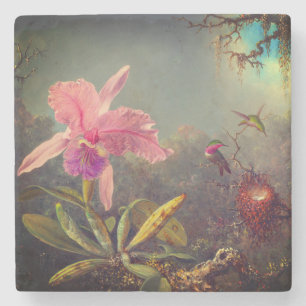 Cattleya Orchid und Three Hummingbirds Heade Steinuntersetzer