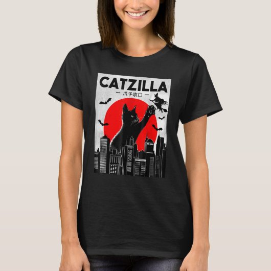 Catzilla Cat Cat Black Cat Halloween T-Shirt (Vorderseite)
