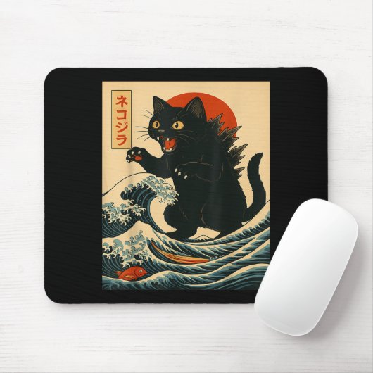 Catzilla Cat Japanese Art Funny Cat For Men Women Mousepad (Mit Mouse)