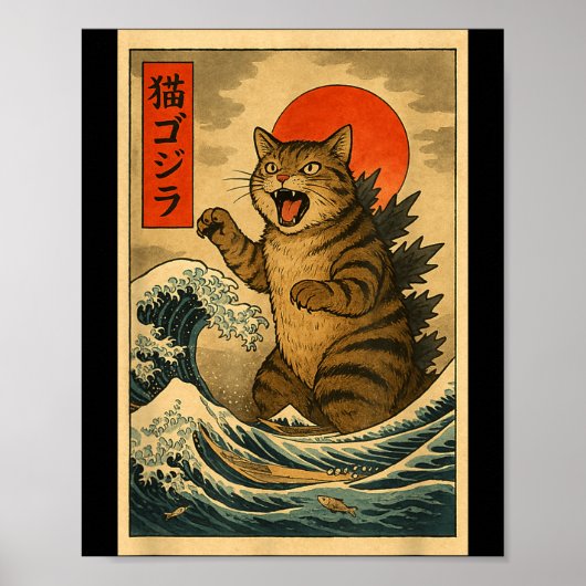 Catzilla Cat Japanese Art Funny Cat For Men Women Poster (Vorne)