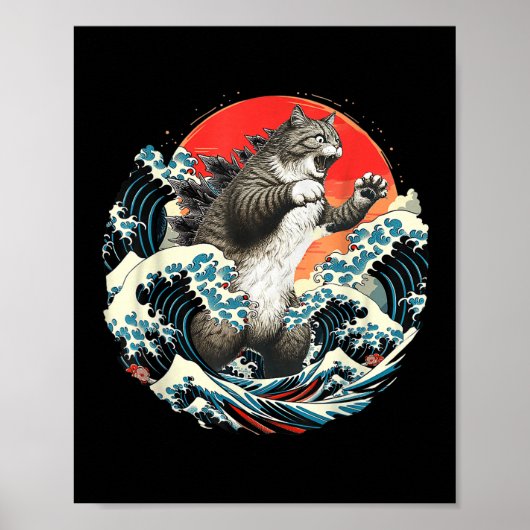 Catzilla Cat Japanisch Kunst Große Wave Art für Mä Poster (Vorne)
