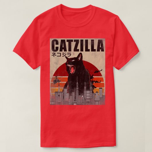 Catzilla Funny Cat Japanischer Sunset T-Shirt (Design vorne)