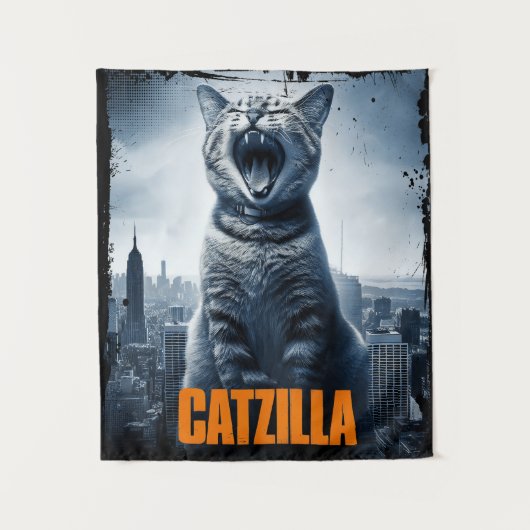 Catzilla Funny Cat Meme Plakatband Wandteppich (Vorderseite)