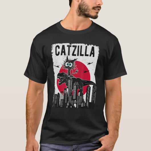 Catzilla Funny Retro Cat Kitten Riding T.Rex Lover T-Shirt (Vorderseite)