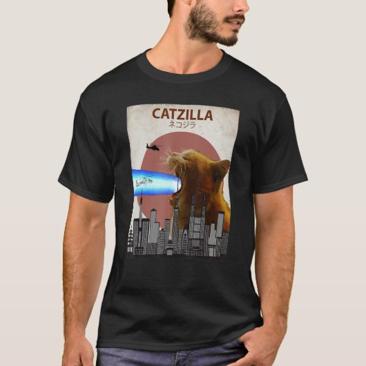 Catzilla Giant Cat with Mouth Lasers Japanese Funn T-Shirt (Vorderseite)