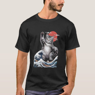 Catzilla Great Wave Mashup Illustration Langärmeli T-Shirt