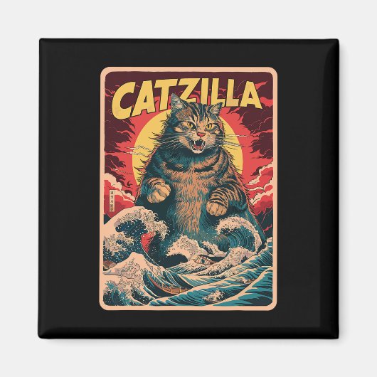 Catzilla Japanese Art Funny Cat Vintag Graphic Magnet (Vorne)