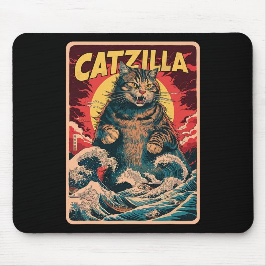 Catzilla Japanese Art Funny Cat Vintag Graphic Mousepad (Vorne)