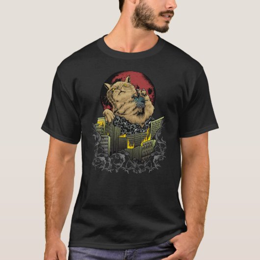 Catzilla Japanese Sunset Funny Monster Ginger Oran T-Shirt (Vorderseite)
