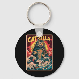 Catzilla Japanische Kunst Lustige Katze Vintage Gr Schlüsselanhänger