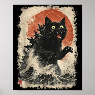 Catzilla Katze japanische Kunst lustig für Männer Poster