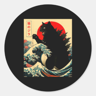 Catzilla Katze japanische Kunst lustig für Männer Runder Aufkleber