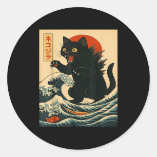Catzilla Katze japanische Kunst lustige Katze für Runder Aufkleber