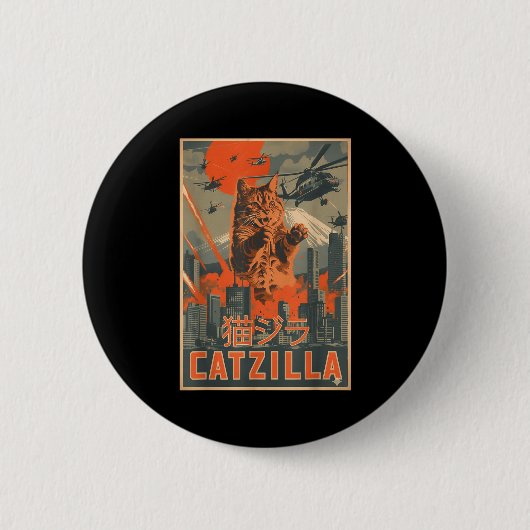 Catzilla Katze japanische Kunst lustige Katzen Ges Button (Vorderseite)