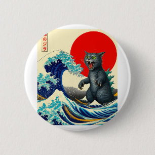 Catzilla Katze japanische Kunst lustige Katzen-Ges Button