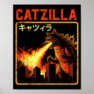 Catzilla Katzenmonster Lustige Japanische Parodie Poster