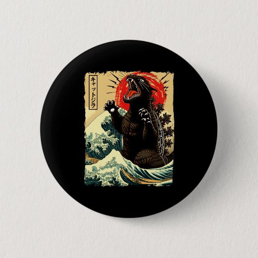 Catzilla Lustiger Japanischer Stil Button (Vorderseite)