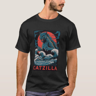 Catzilla Monster Katze Retro Japanische Große Well T-Shirt