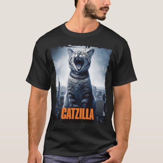 Catzilla Roaring über City Skyline Cat Monster T-Shirt (Vorderseite)