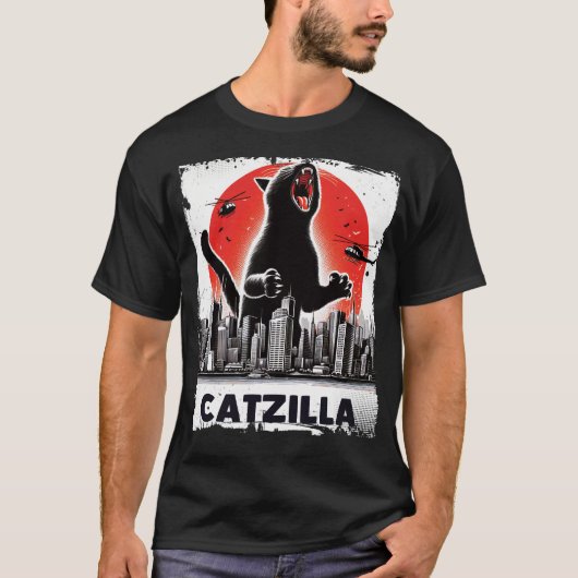 Catzilla Roaring über City Skyline Cat Monster T-Shirt (Vorderseite)