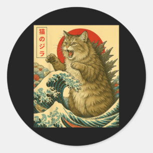 Catzilla Sibirische Katze Japanische Kunst Lustige Runder Aufkleber