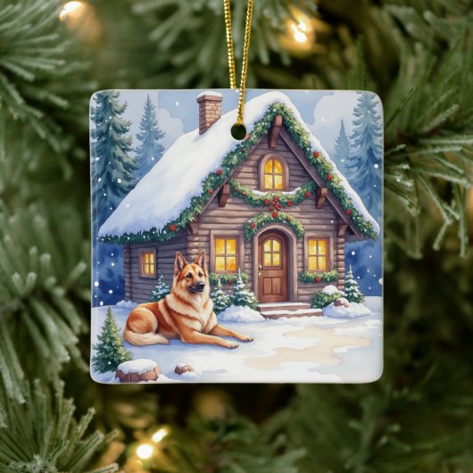 Caucasian Shepherd Dog Mountain Cabin Christmas Keramikornament (Baum)