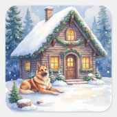 Caucasian Shepherd Dog Mountain Cabin Christmas Quadratischer Aufkleber (Vorderseite)