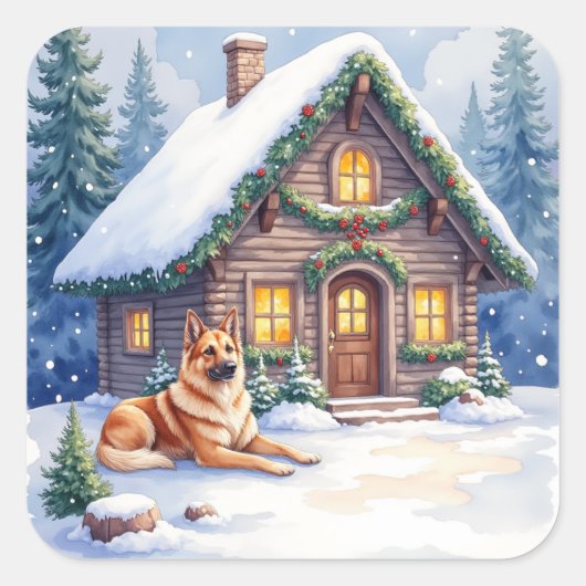 Caucasian Shepherd Dog Mountain Cabin Christmas Quadratischer Aufkleber (Vorderseite)