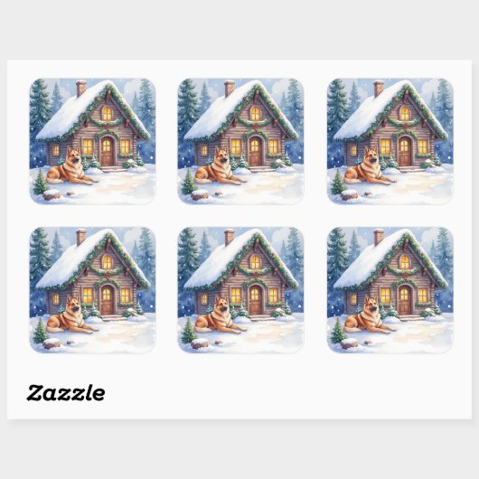 Caucasian Shepherd Dog Mountain Cabin Christmas Quadratischer Aufkleber (Blatt)