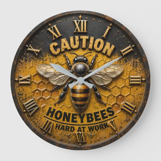 Caution Honeybees Hard at Work Rustic Beekeeper Große Wanduhr (Vorderseite)