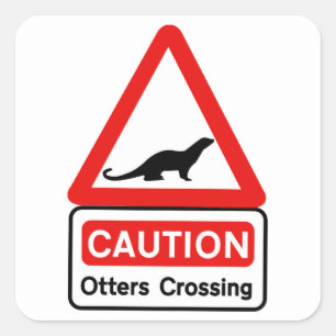 Caution Otters (2), Traffic Sign, UK Quadratischer Aufkleber