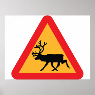 Caution Reindeer Swedish Traffic Sign Poster