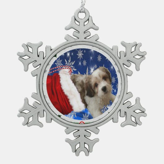 Cavachon Ornament, Weihnachtshund Schneeflocken Zinn-Ornament (Vorderseite)