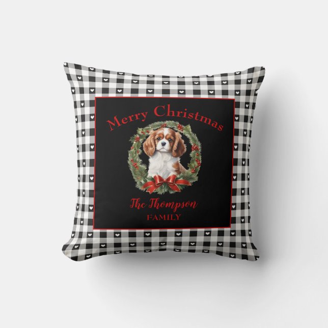 Cavalier Charles Christmas Gingham Familienname Kissen (Vorderseite)