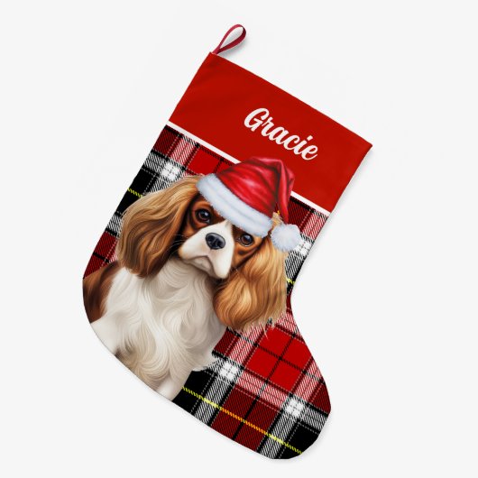 Cavalier Kind Charles Holiday Kariert Personalisie Großer Weihnachtsstrumpf (Vorderansicht (hängend))