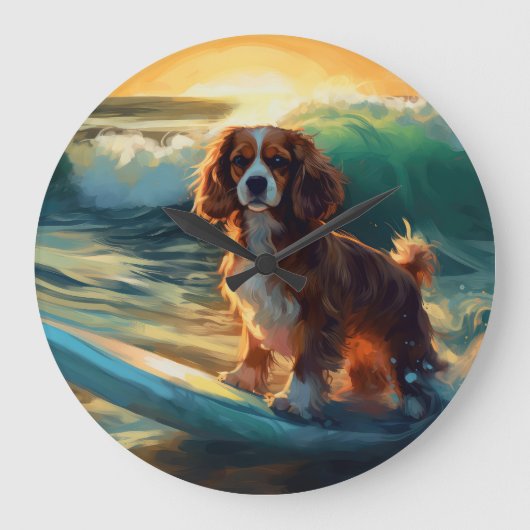 Cavalier King Beach Surfmalerei Große Wanduhr (Vorderseite)