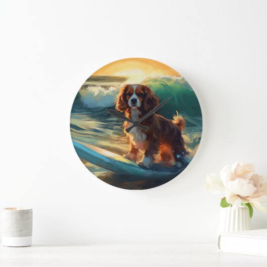 Cavalier King Beach Surfmalerei Große Wanduhr (Zuhause)