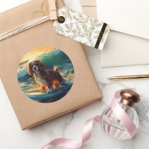 Cavalier King Beach Surfmalerei Runder Aufkleber