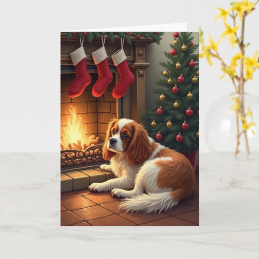 Cavalier King Charles am Kamin Weihnachten Karte (Gelbe Blume)