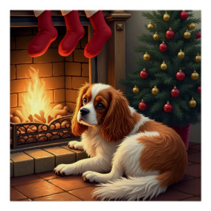 Cavalier King Charles am Kamin Weihnachten Poster